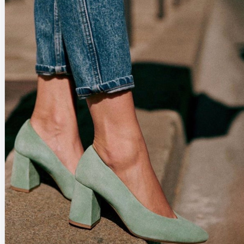 Sezane Sage Green Block Heel Pumps